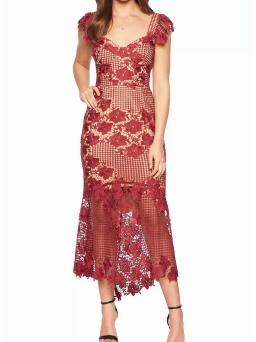 Bardot Lucy Lace Midi Dress Size 6 Small Floral Lace High Low Hem Burgundy NEW